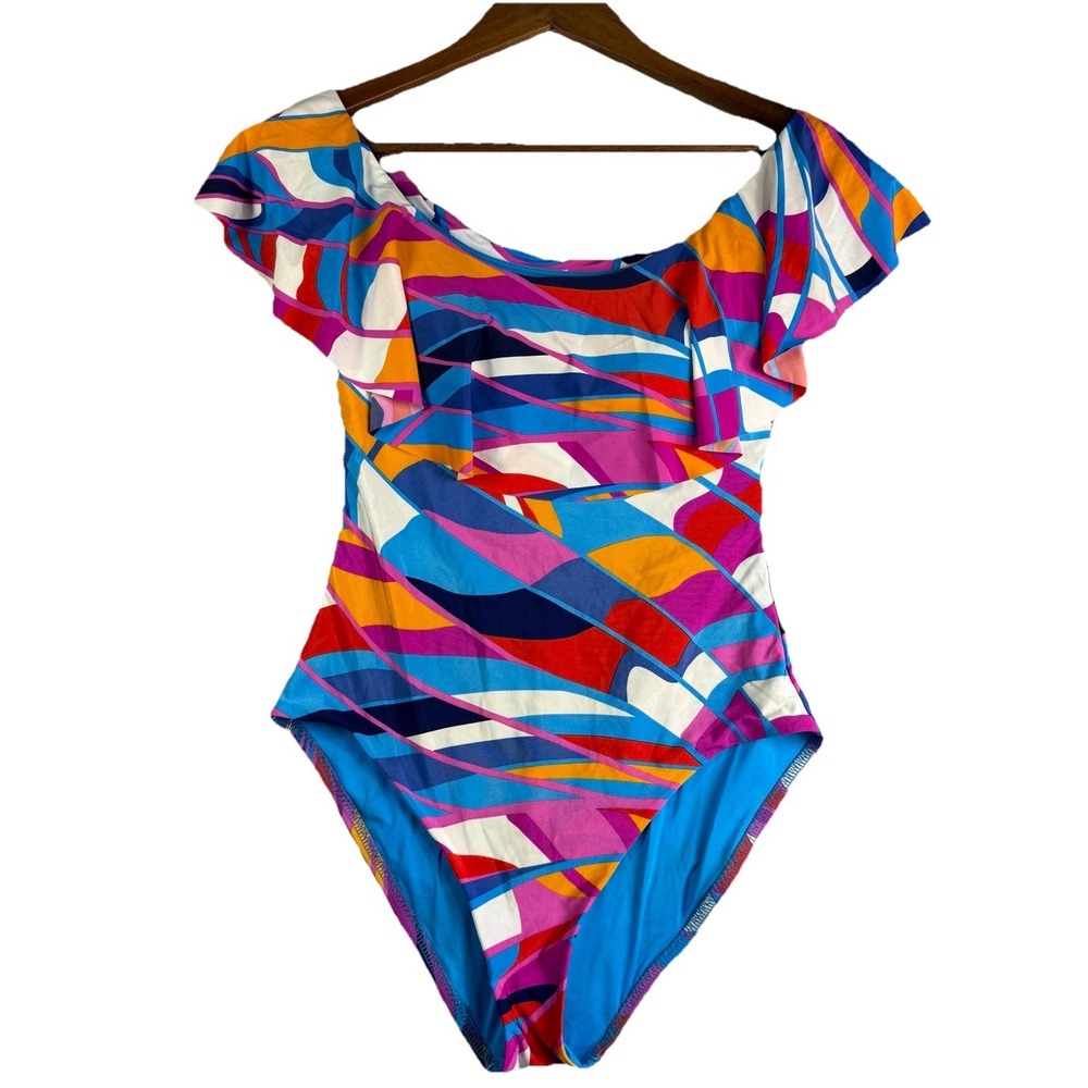 Trina Turk Off Shoulder Swimsuit Women's 8 Blue Colorful Ruffle One Piece
